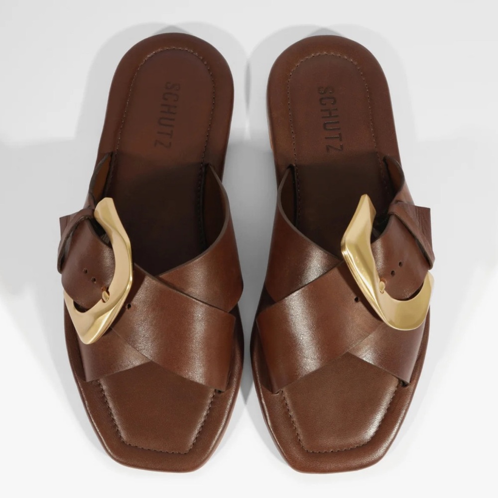 SCHUTZ Brown Mules with Gold Accent (Run large)